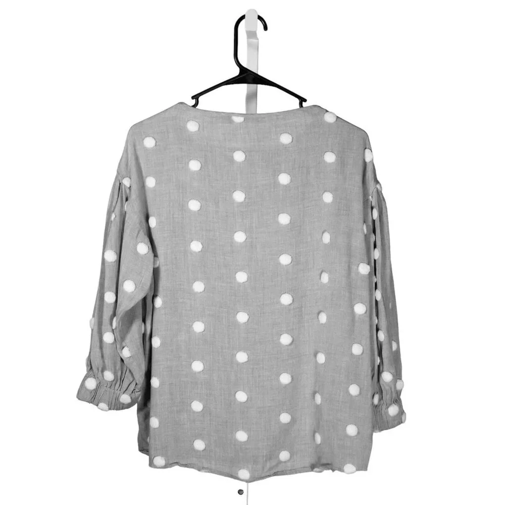 Zara Women's Blouse Gray White Polka Dot Pom Pom Puff Sleeve Coquette Top Small